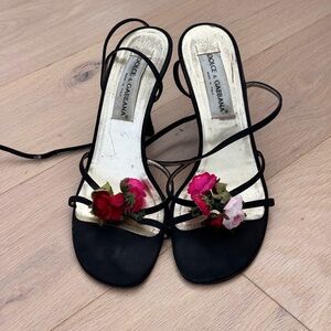 Dolce & Gabbana Black Strappy Heels with Pink and Red Floral Appliqués